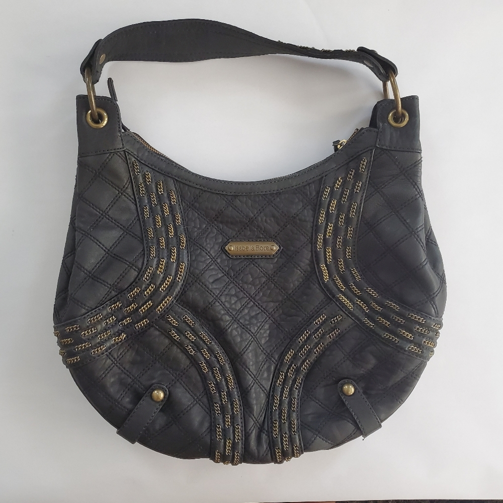 Isabella Fiore Black Leather Tote with Gold Chains
